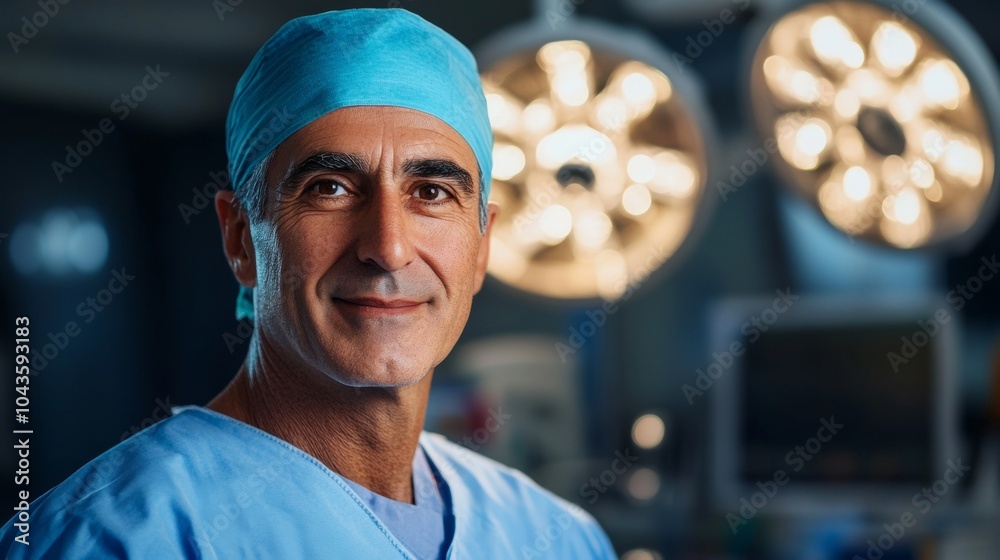 portrait of a professional doctor smiling at the camera with blue suit in operating room