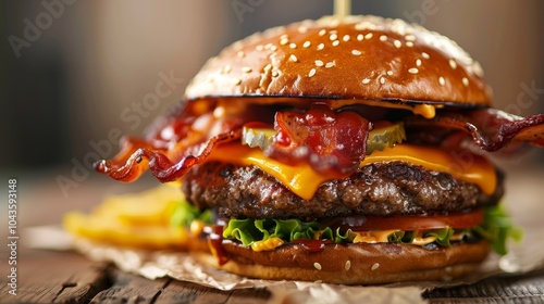 Double cheeseburger with bacon on a wooden table, white background