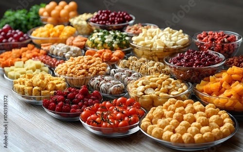 A vibrant display of various fruits, snacks, and sweets arranged in bowls for a festive occasion.