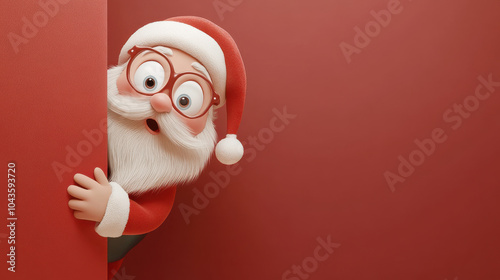 Surprised cartoon Santa Claus peeking around corner with joy