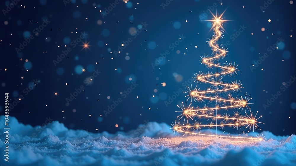 Merry Christmas, Happy Holidays Card - Christmas Tree Shape Made from Bright Spiralling Light on a Dark Blue Background Merry Christmas, Happy Holidays Card - Christmas Tree Shape Made from Bright Spiralling Light on a Dark Blue Background
