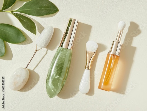 Flat lay of beauty tools like gua sha, jade roller, and facial brush with skincare products, minimalistic and clean design photo