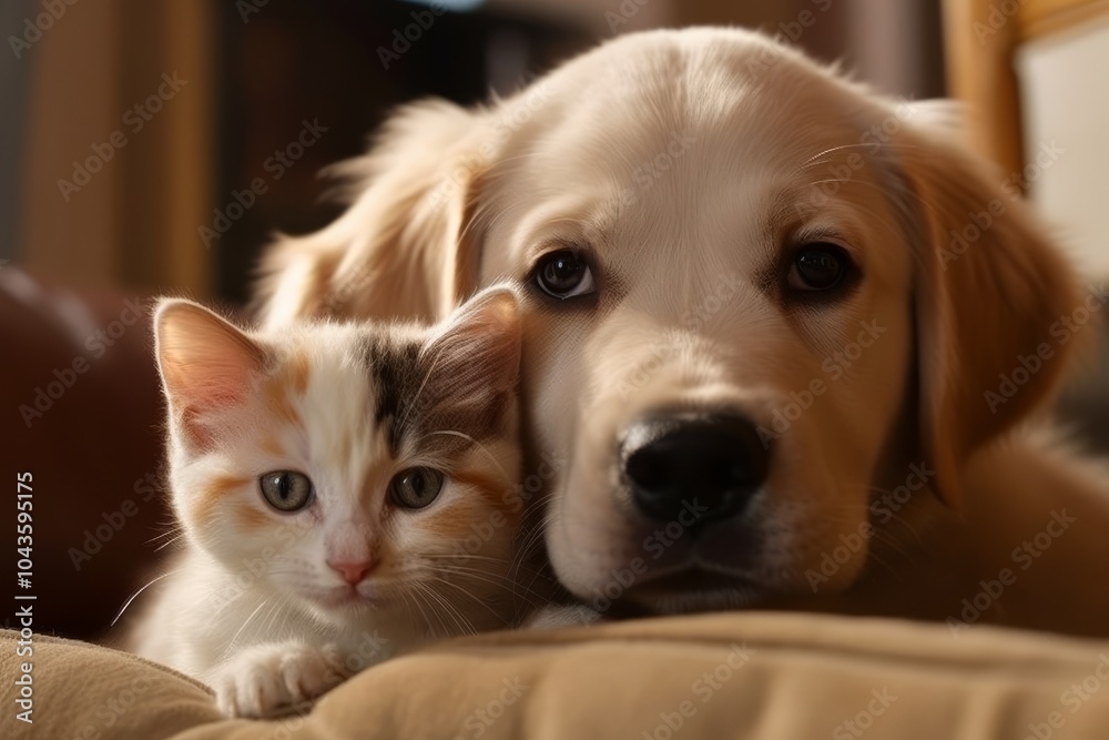 A dog and cat cuddling together A dog and cat cuddling together