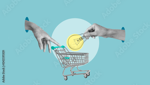 Purchase of electricity concept. Buy a light bulb and Payment for lighting. Search and buy new ideas. Lamp or light bulb in shopping cart, shopping. Finance and economy, Ideas and Innovation