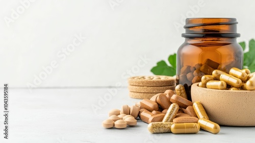 A variety of pet supplements and vitamins arranged neatly beside pet food, symbolizing holistic care