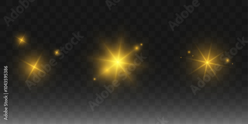 Set of glowing bright stars, flare of sunshine with rays, starburst with brilliance, yellow glowing light burst on a transparent background, golden light effect, yellow rays, vector illustration.