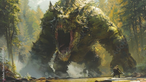 Epic showdown in a dense forest where a brave warrior battles a colossal scaled monster photo