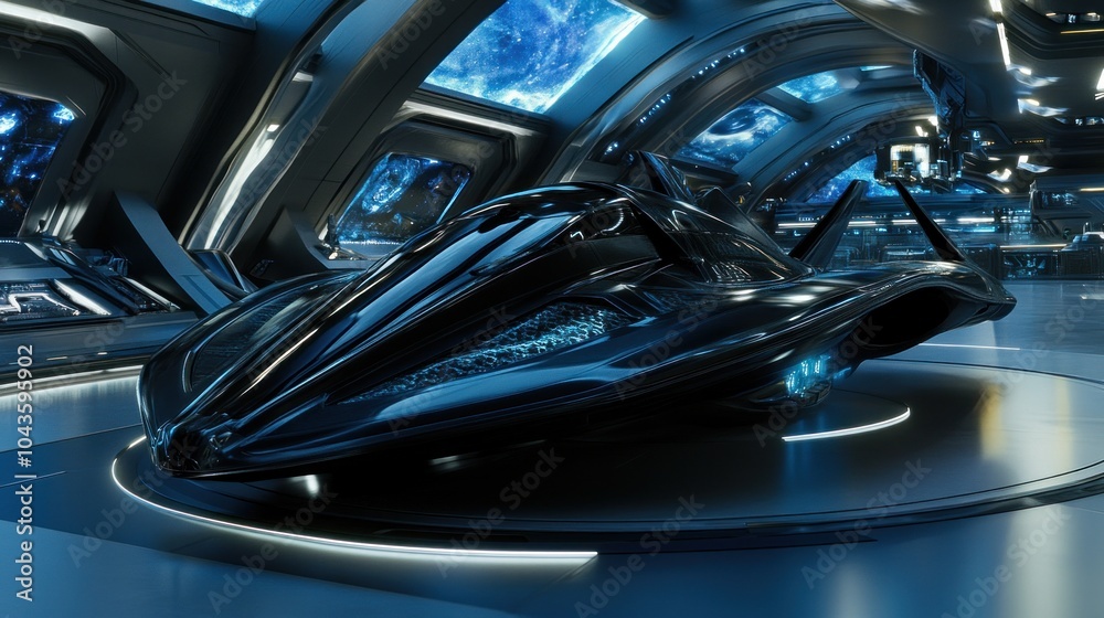 A sleek, futuristic vehicle displayed in a high-tech interior environment. A sleek, futuristic vehicle displayed in a high-tech interior environment.