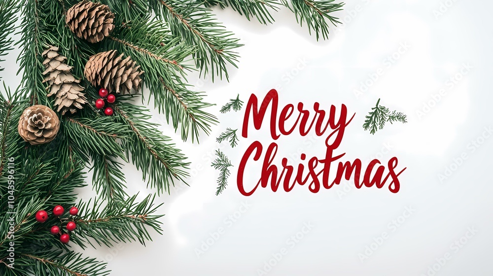 The image shows a white background with green pine branches, pine cones, and red berries on the left side. The red words The image shows a white background with green pine branches, pine cones, and red berries on the left side. The red words