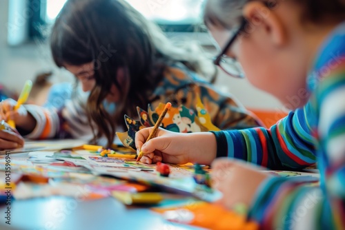 Single parent and child creating a bright scrapbook together