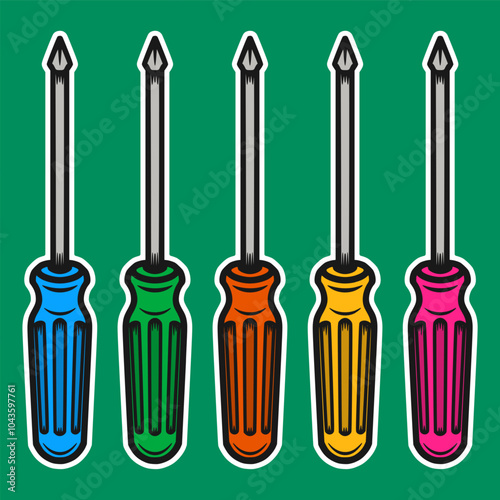 Five Screwdriver Doodle Sticker Illustration