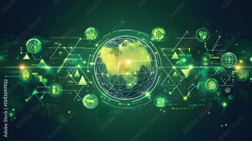 Abstract digital green background with a globe in the middle, connected by lines and icons to other shapes on the sides, representing global connection and data transfer.