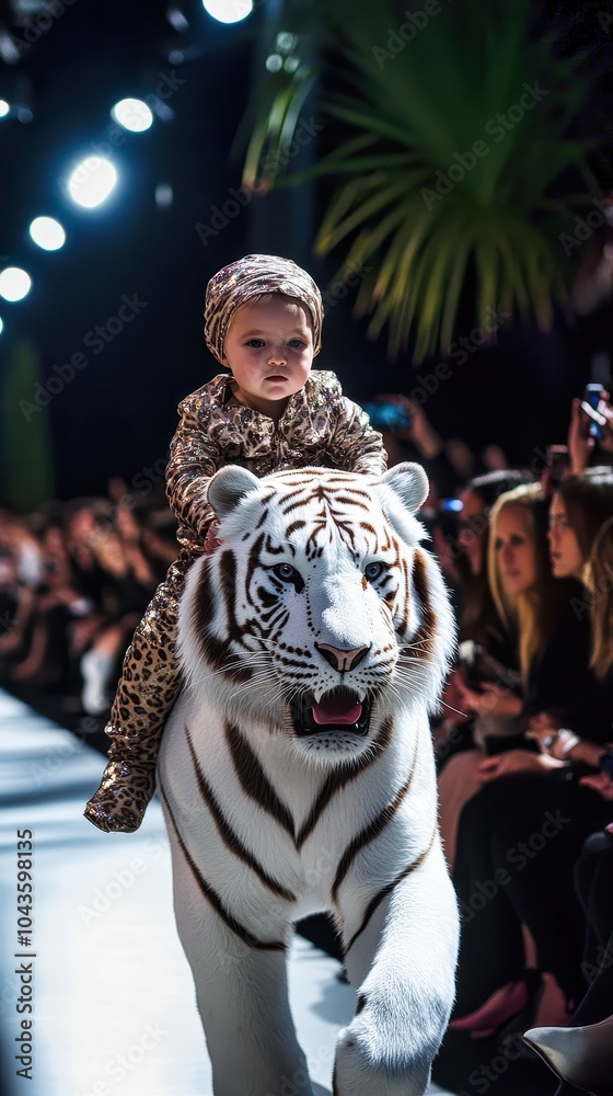 Obraz premium Toddler wearing leopard print outfit riding white tiger on catwalk during fashion show