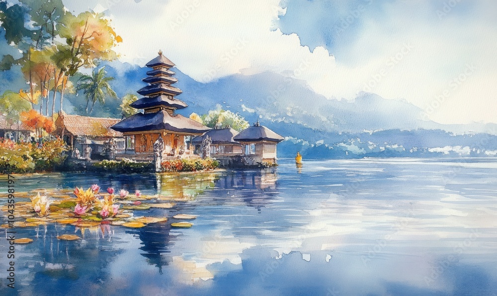 Watercolor Bali holiday tourism, Ulun Danu Bratan Water Temple Bali, Bali, Indonesia Watercolor Bali holiday tourism, Ulun Danu Bratan Water Temple Bali, Bali, Indonesia