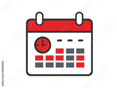 Flat style calendar icon featuring a clock symbol, highlighted in red and gray colors, representing time management, scheduling, and planning.