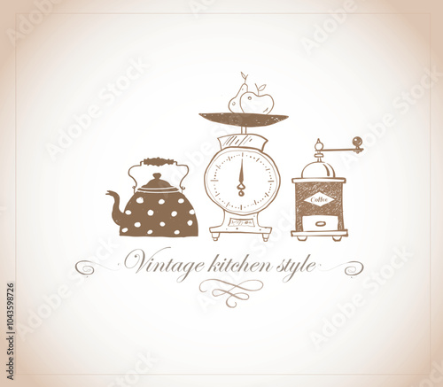 Kitchen doodles. Composition with teapot, kitchen scale with fruit, and coffee grinder in vintage style