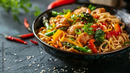 Delectable noodles with chicken, asparagus, colorful peppers, sesame seeds, and soy sauce on dark concrete background