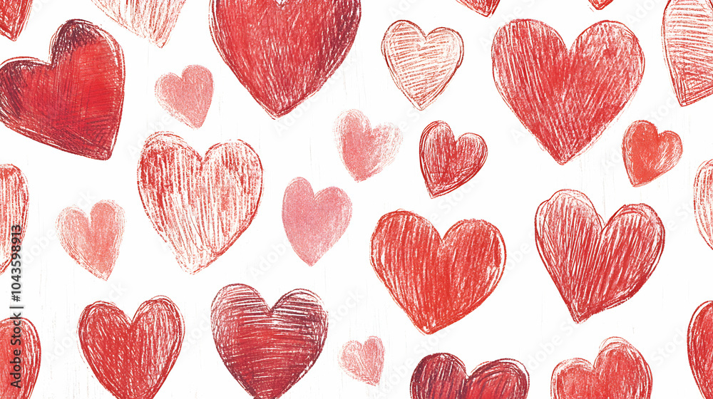 Hand-Drawn Hearts Pattern in Various Shades of Red on White Background Hand-Drawn Hearts Pattern in Various Shades of Red on White Background