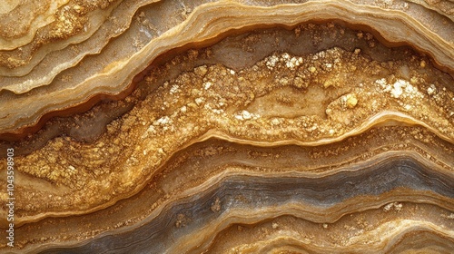 Close-up of a layered and textured stone with brown, white, and gold hues.