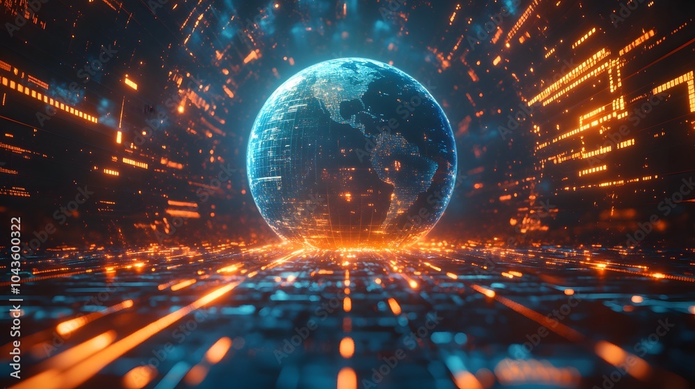 Futuristic Digital Globe with Orange and Blue Lights Futuristic Digital Globe with Orange and Blue Lights
