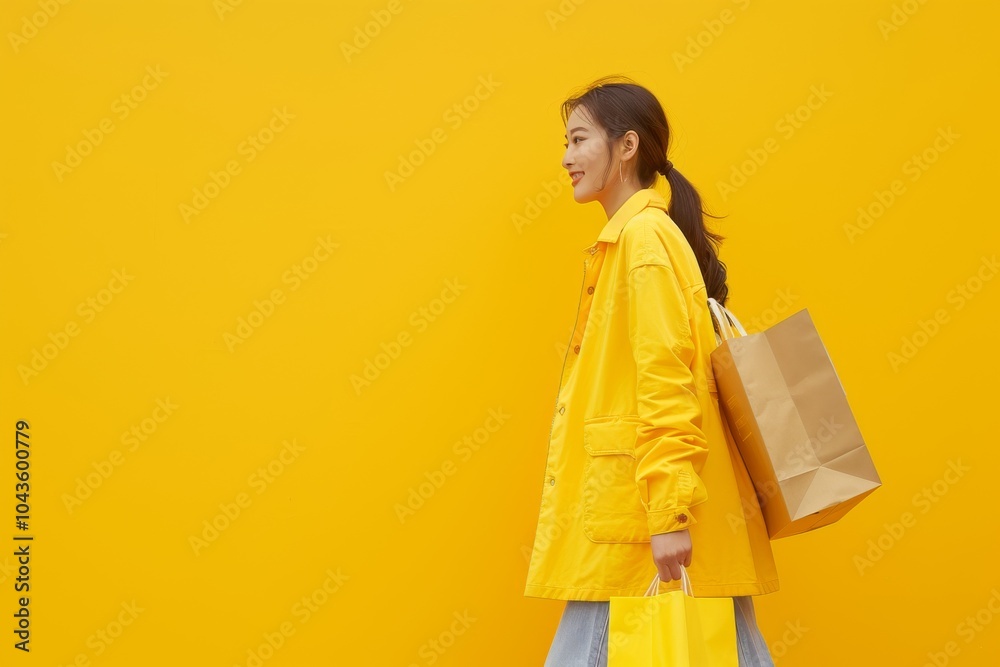 Fashionista Asian woman in motion with shopping bags, full-length, vibrant boutique setting, yellow background Fashionista Asian woman in motion with shopping bags, full-length, vibrant boutique setting, yellow background