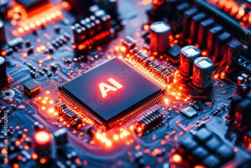 Artificial intelligence chip glowing on circuit board