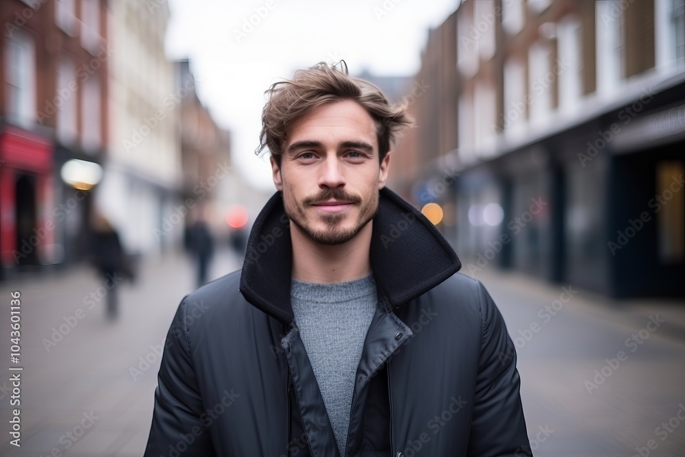 Portrait of a handsome young man with trendy hairstyle, wearing a coat and looking at the camera. Portrait of a handsome young man with trendy hairstyle, wearing a coat and looking at the camera.