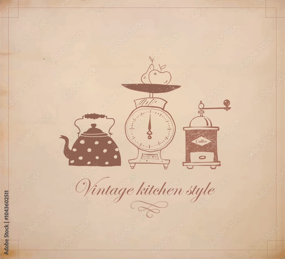 Kitchen doodles. Composition with teapot, kitchen scale with fruit, and coffee grinder on vintage background Kitchen doodles. Composition with teapot, kitchen scale with fruit, and coffee grinder on vintage background