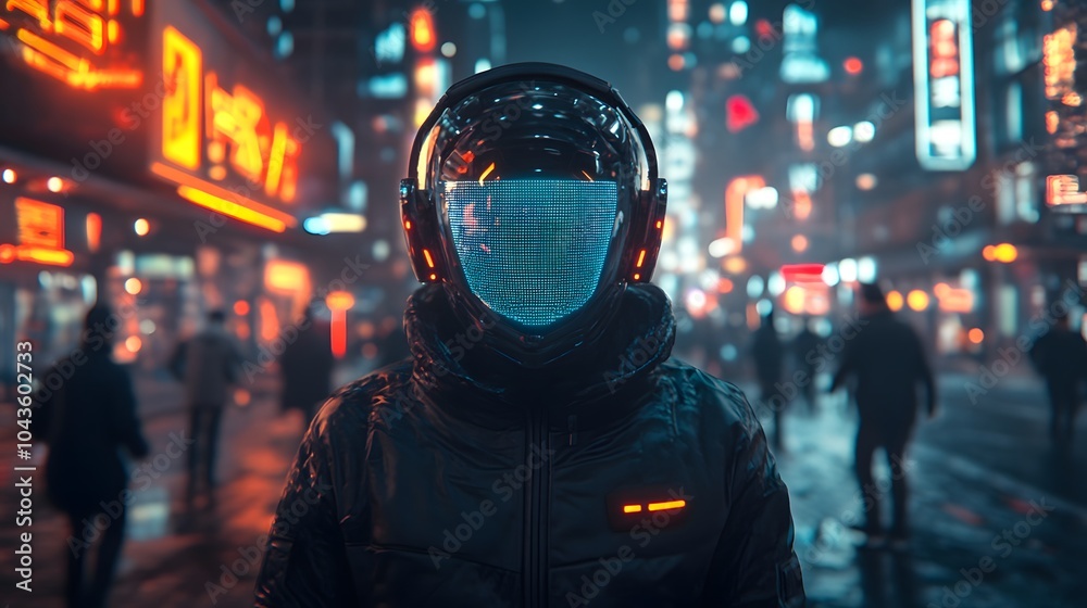 Futuristic Cyberpunk Cityscape with Anonymous Figure in Glowing Helmet Futuristic Cyberpunk Cityscape with Anonymous Figure in Glowing Helmet