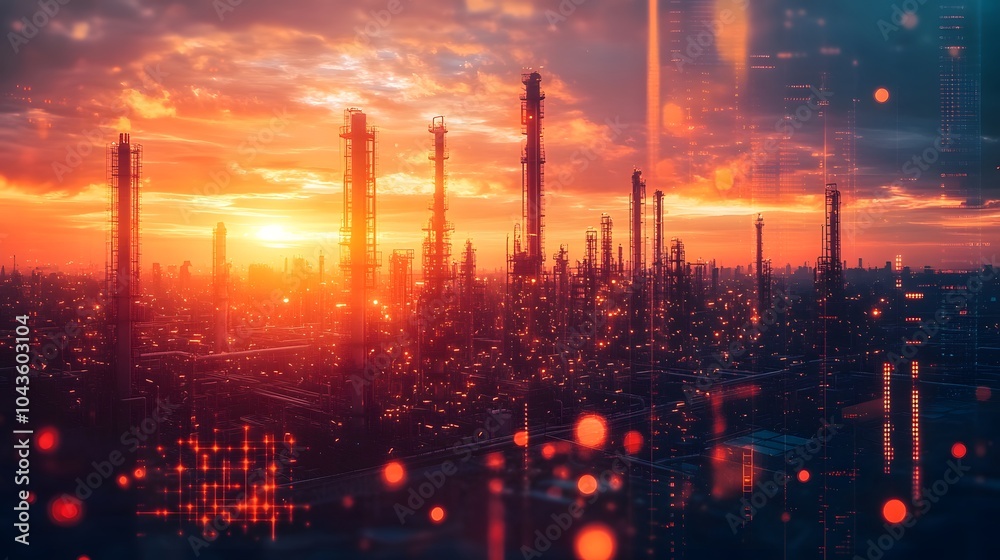 Industrial Skyline at Sunset with Glowing Lights and Digital Effects Industrial Skyline at Sunset with Glowing Lights and Digital Effects
