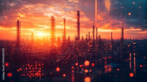 Industrial Skyline at Sunset with Glowing Lights and Digital Effects