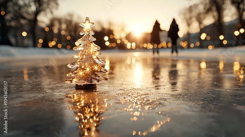 Merry Christmas embossed in ice on a frozen lake, with a glowing Christmas tree reflected in the surface, surrounded by ice skaters photo