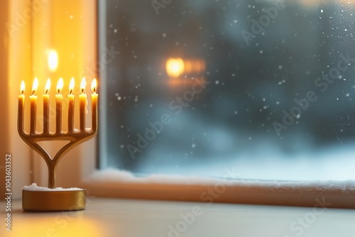 Menorah with lit candles, snowy window backdrop photo