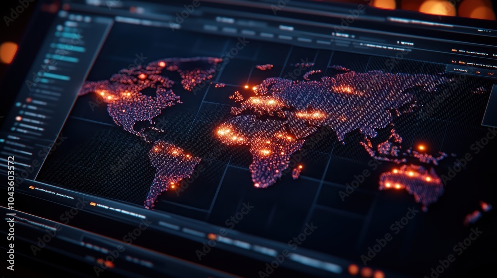 Obraz premium Illuminated global map showcasing data points during nighttime analysis in a tech hub