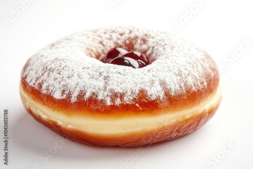 Powdered jelly donut on white background, Hanukkah treat photo