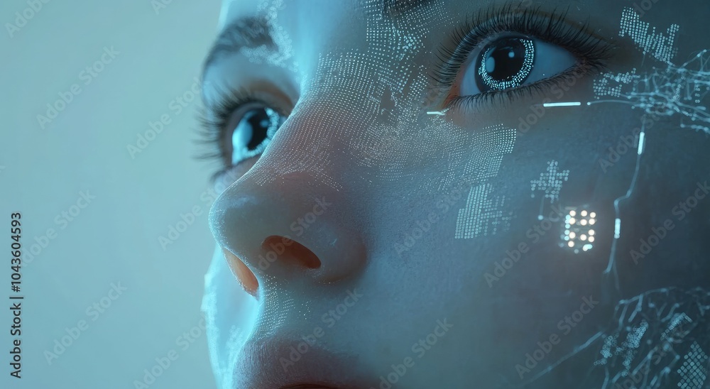 A close-up of an AI humanoid's face, with glowing data points and digital circuitry visible on its skin against a soft blue background A close-up of an AI humanoid's face, with glowing data points and digital circuitry visible on its skin against a soft blue background