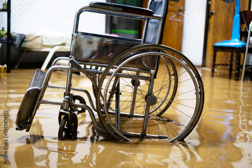 A wheelchair is sitting in a flooded room. The chair is in the middle of the room and is surrounded by water. The chair is tilted and he is in a state of disrepair. Scene is one of chaos