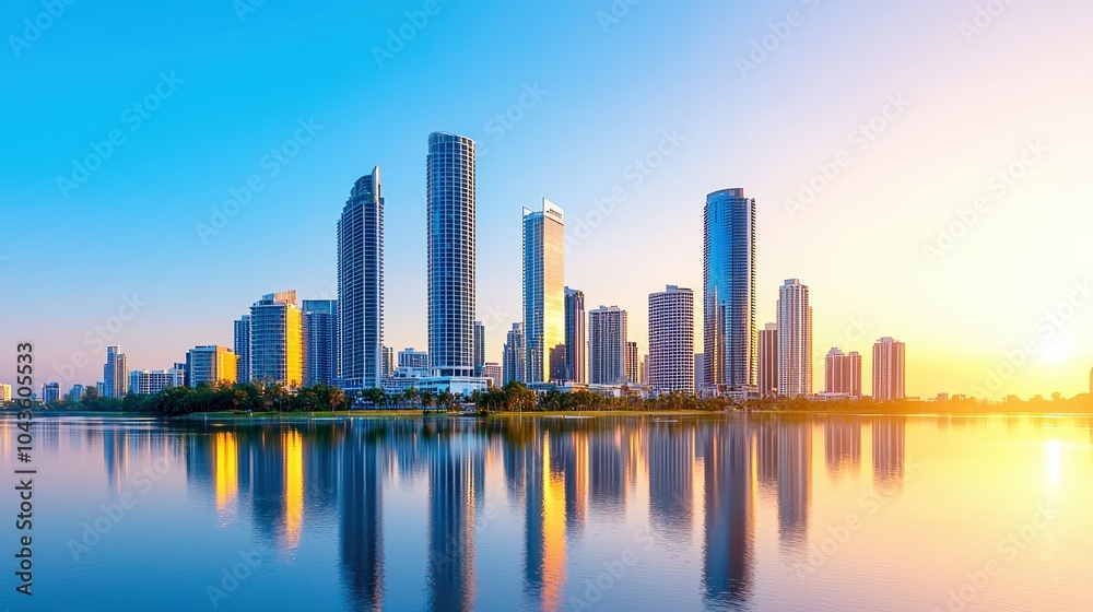 Obraz premium Skyline panorama at sunset, showcasing modern skyscrapers reflecting in calm water.