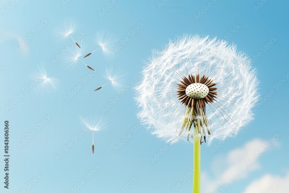 Obraz premium A dandelion puff ball contrasts with a blue sky, releasing delicate seeds that float gently in the air.