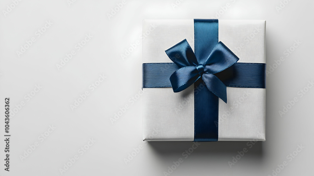 Elegant White Gift Box Tied with a Blue Ribbon on Smooth White Surface Elegant White Gift Box Tied with a Blue Ribbon on Smooth White Surface