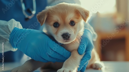 Adorable puppy being examined by a veterinarian, highlighting care and compassion in animal healthcare. photo