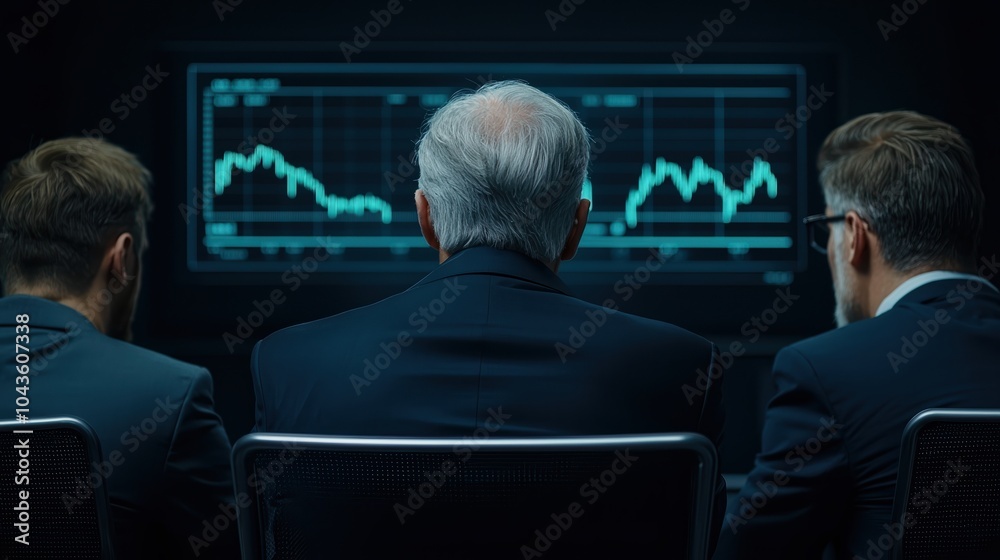 Three professionals analyzing financial graphs on a screen in a dark room. Serious atmosphere focused on data. Three professionals analyzing financial graphs on a screen in a dark room. Serious atmosphere focused on data.