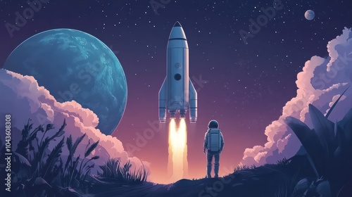 Space exploration illustrations, spacecraft and astronauts venturing into the unknown, discovering new worlds photo