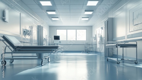 A clean, empty hospital room with medical equipment and beds.