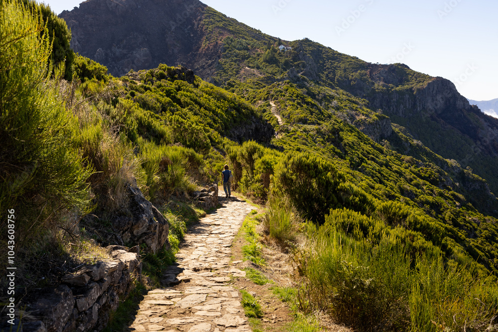 Woman in the hiking trail in the mountains of Pico Ruivo. Madeira island, Portugal Woman in the hiking trail in the mountains of Pico Ruivo. Madeira island, Portugal