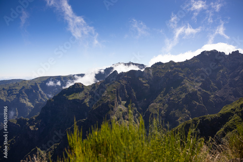 Mountains viewed from Pico Ruivo with the Pico do Areeiro at the background. Madeira island, Portugal