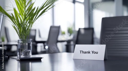 Poignant image of a corporate breakup. Featuring a “Thank You” card left on an office desk. Showcasing the gratitude amidst loss. Ideal for articles on professional relationships photo