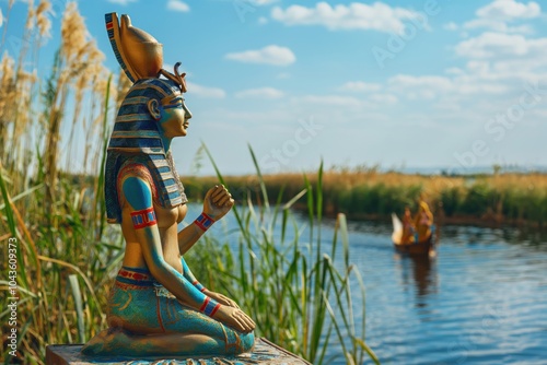 Colorful statue of Anuket, ancient Egyptian goddess of the Nile, overlooking a river with tourists enjoying a boat trip in the background photo