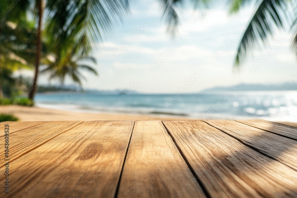 Blured Tropical Beach Background with Empty Wooden Table for Product Display Blured Tropical Beach Background with Empty Wooden Table for Product Display