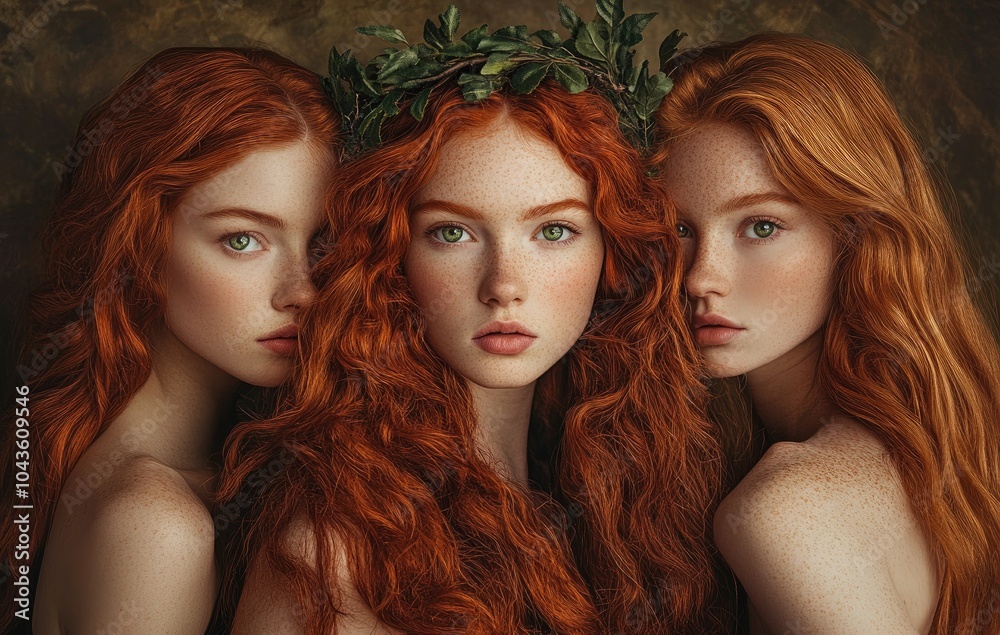Fototapeta premium Three red-haired women, one with long, curly hair and green eyes in the middle of them wearing an ivy wreath on her head